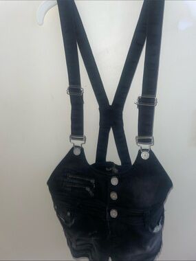 Black Denim Suspender distressed shorts